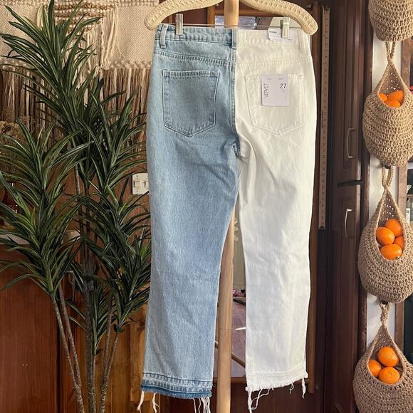 VERVET Norah Asymmetrical Colorblock Jeans 27 | High Rise Straight Raw Hem NWT - Picture 3 of 10
